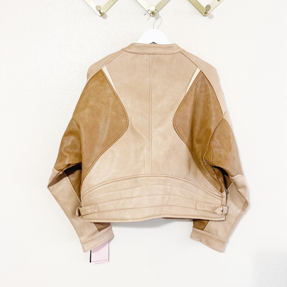 Avec Les Filles Faux Leather Racing Moto Bomber Colorblock Jacket NEW size Large - Picture 13 of 14